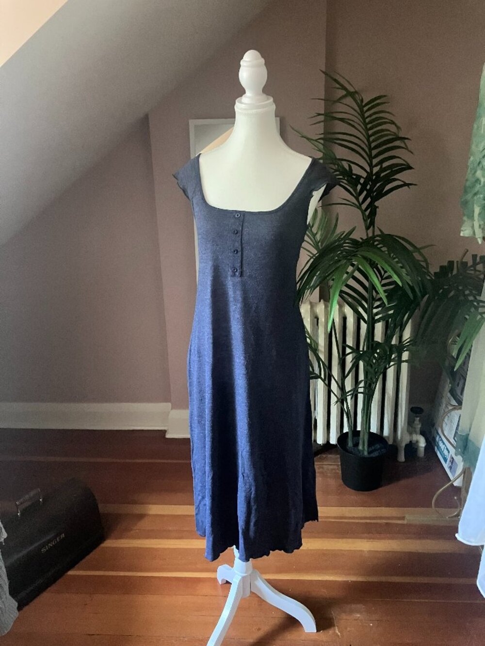 Navy stretchy light knit dress cap sleeve long casual summer sundress